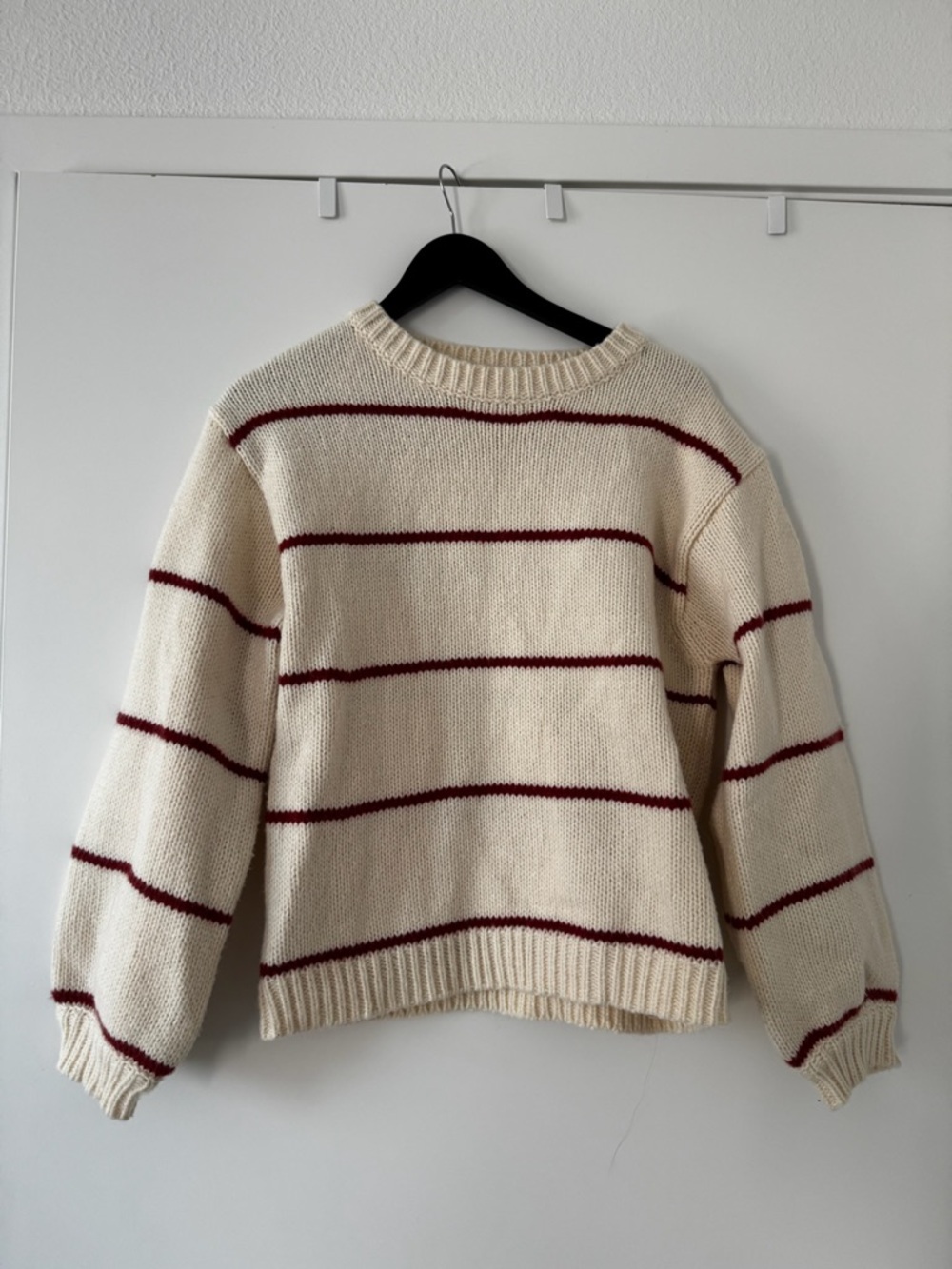 Cream Stripe Knit Sweater with Red Lines - Women - Picture 2 of 3